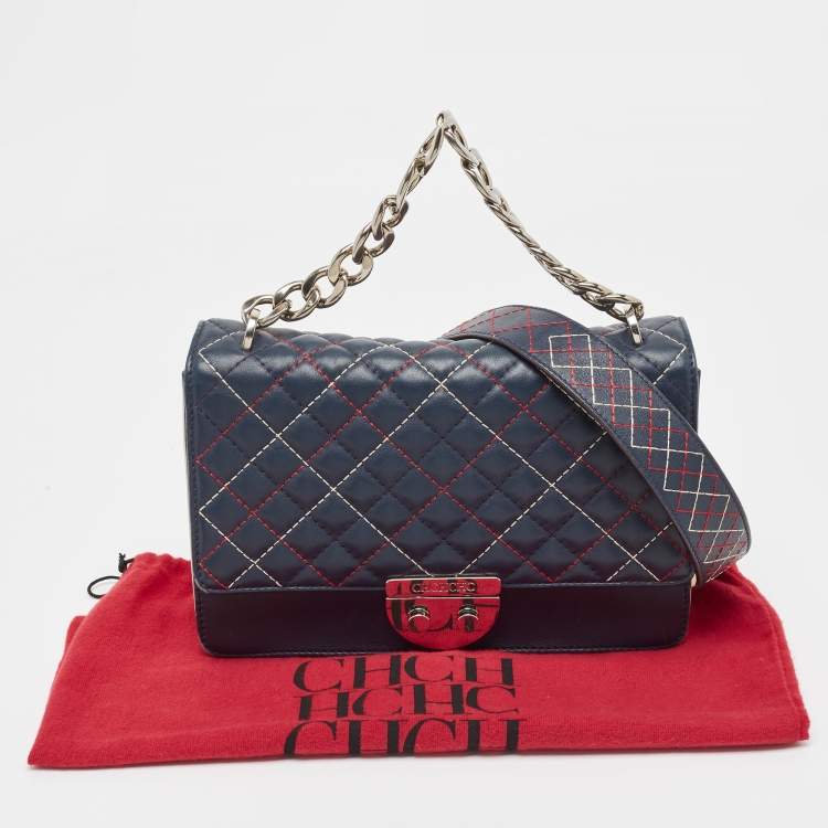 Pre Owned Carolina Herrera Blue/Red Quilted Leather Wildstitch Chain Flap Top Handle Bag
