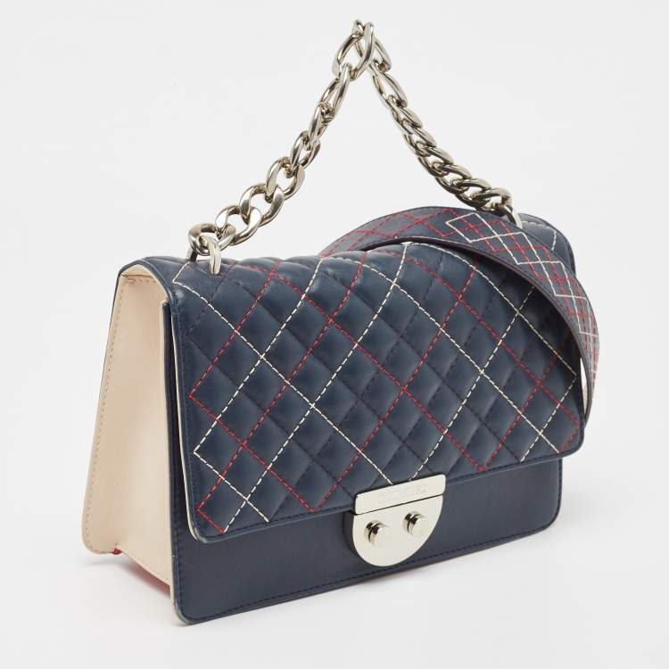 Pre Owned Carolina Herrera Blue/Red Quilted Leather Wildstitch Chain Flap Top Handle Bag