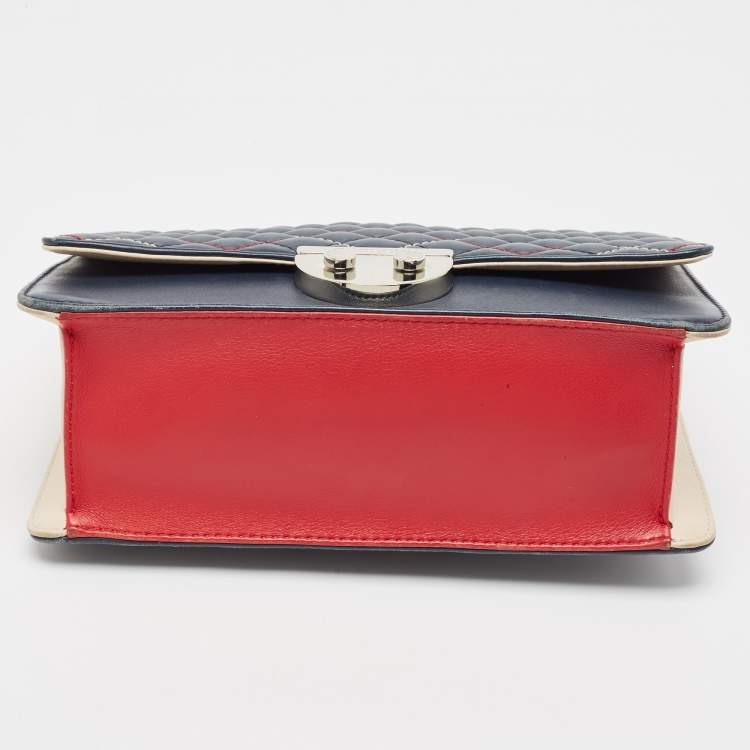 Pre Owned Carolina Herrera Blue/Red Quilted Leather Wildstitch Chain Flap Top Handle Bag
