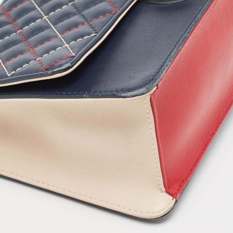 Pre Owned Carolina Herrera Blue/Red Quilted Leather Wildstitch Chain Flap Top Handle Bag