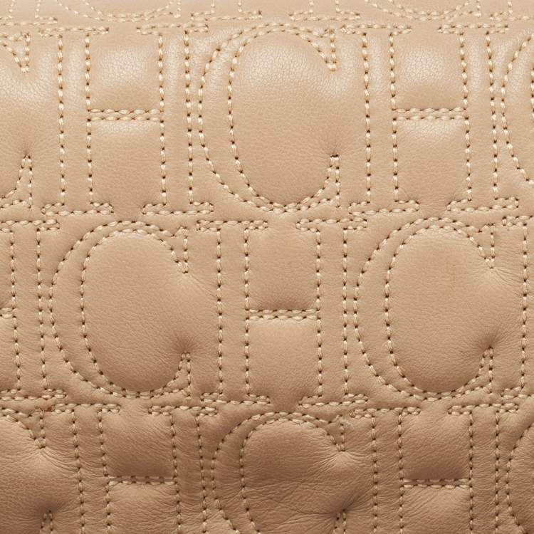 Pre Owned Carolina Herrera Beige Monogram Embossed Leather Flap Clutch