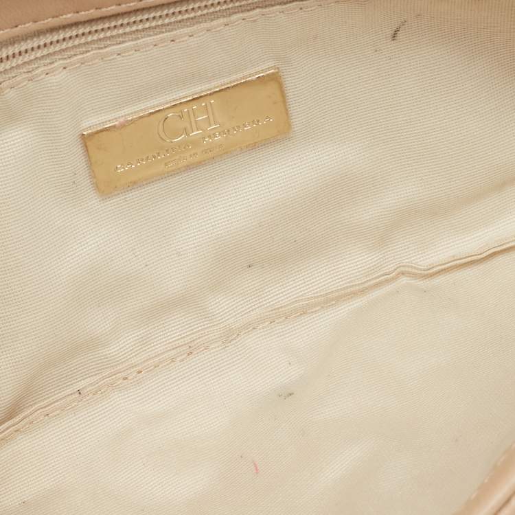 Pre Owned Carolina Herrera Beige Monogram Embossed Leather Flap Clutch