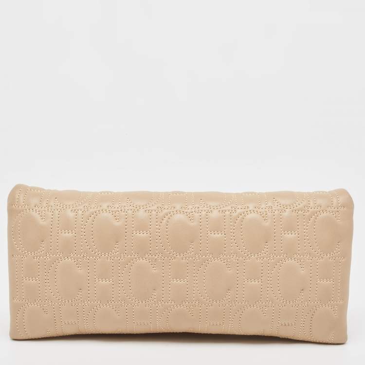 Pre Owned Carolina Herrera Beige Monogram Embossed Leather Flap Clutch