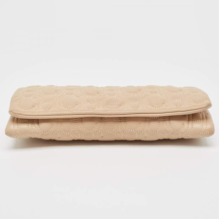 Pre Owned Carolina Herrera Beige Monogram Embossed Leather Flap Clutch