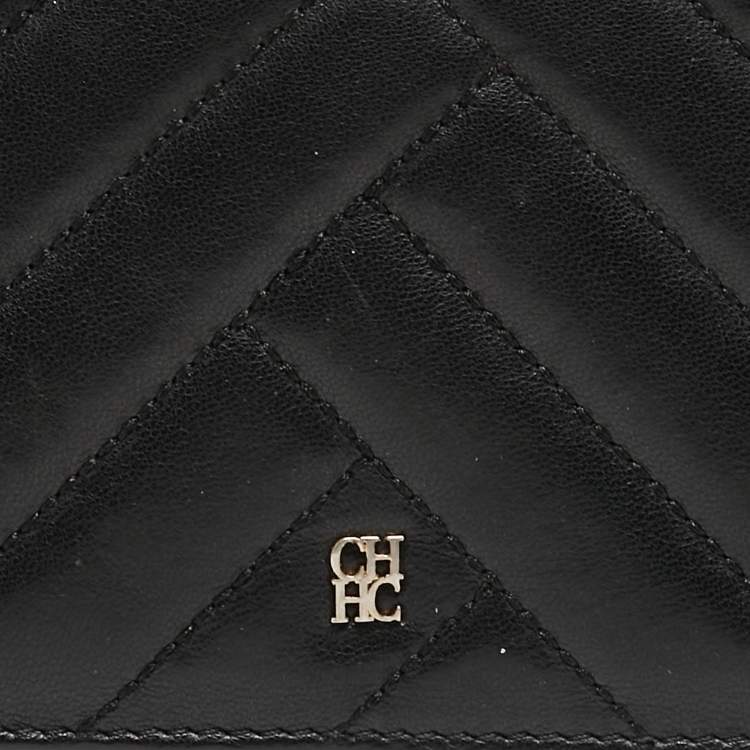 Pre Owned Carolina Herrera Black Chevron Quilted Leather Bifold Continental Wallet