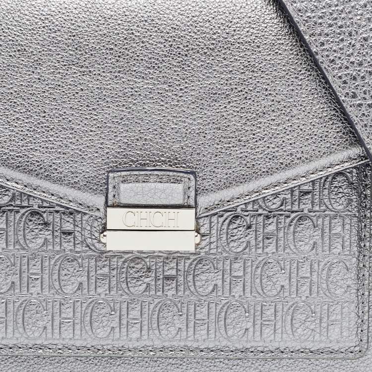 Pre Owned Carolina Herrera Metallic Green Monogram Leather Top Handle Bag