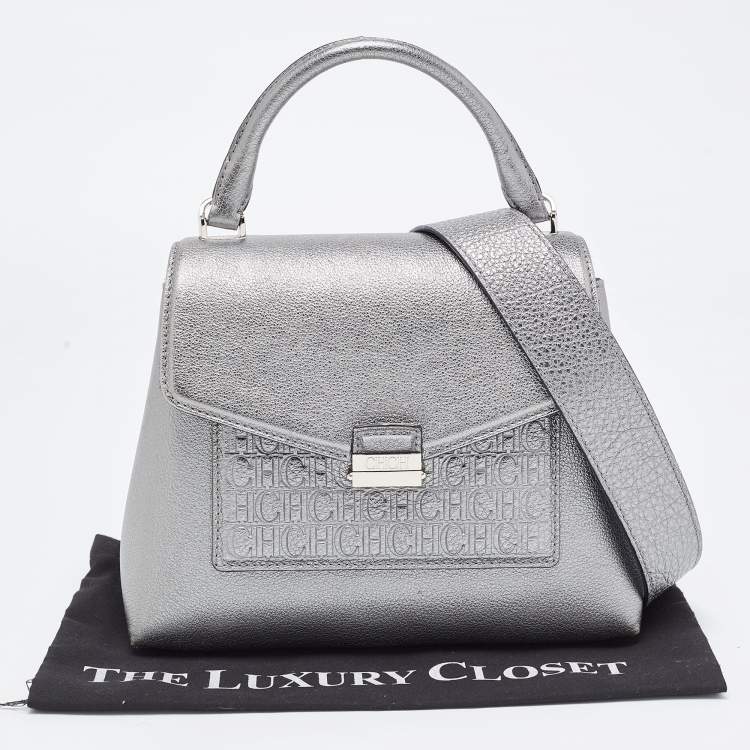 Pre Owned Carolina Herrera Metallic Green Monogram Leather Top Handle Bag