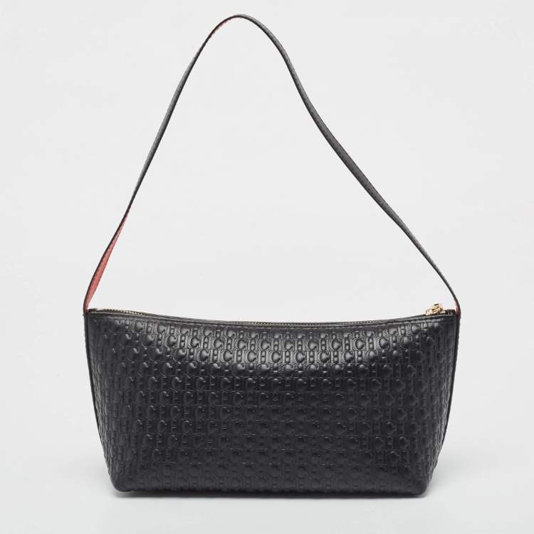 Pre Owned Carolina Herrera Black Monogram Embossed Leather Pochette Bag