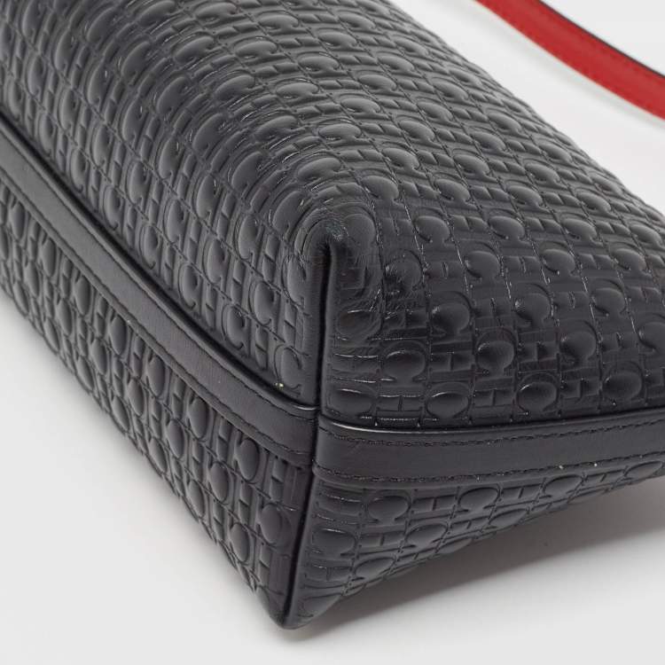 Pre Owned Carolina Herrera Black Monogram Embossed Leather Pochette Bag