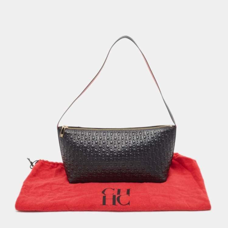 Pre Owned Carolina Herrera Black Monogram Embossed Leather Pochette Bag