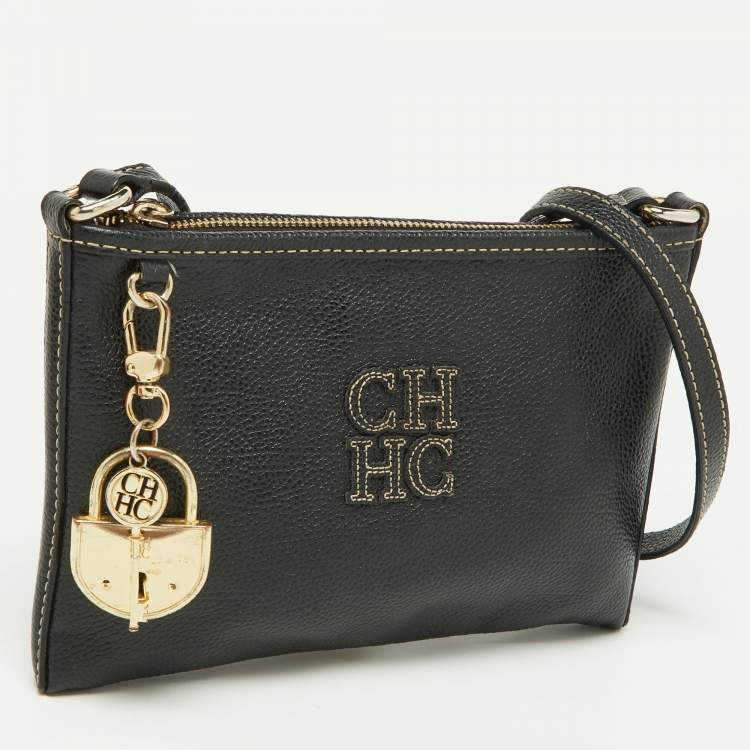 Pre Owned Carolina Herrera Black Leather Padlock Charm Crossbody Bag