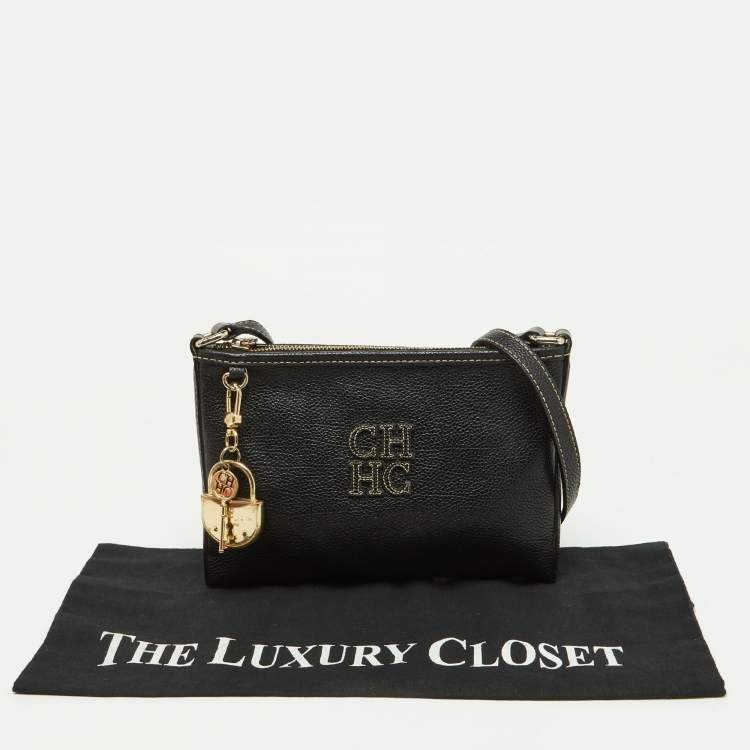 Pre Owned Carolina Herrera Black Leather Padlock Charm Crossbody Bag