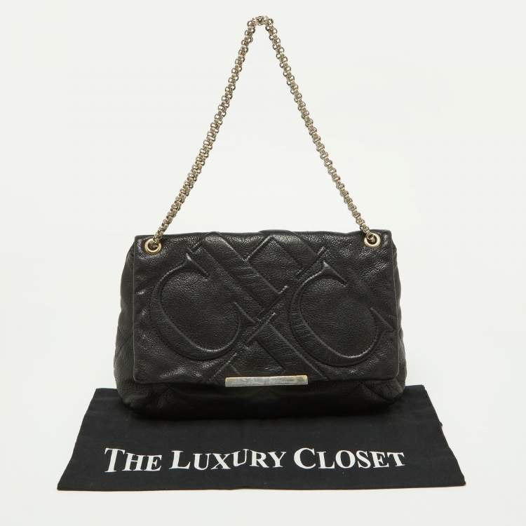Pre Owned Carolina Herrera Black CH Embossed Leather Flap Chain Bag
