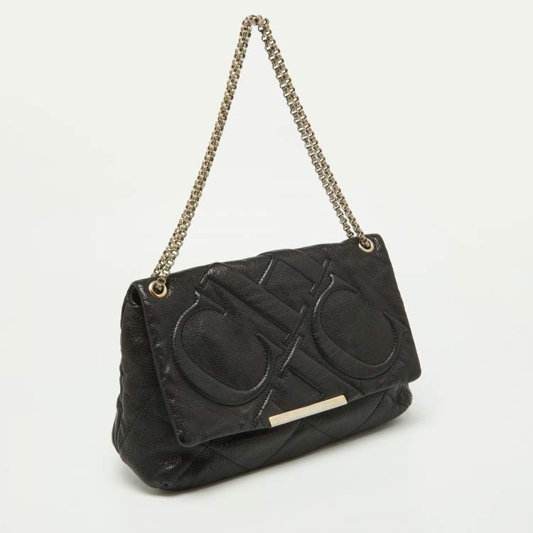Pre Owned Carolina Herrera Black CH Embossed Leather Flap Chain Bag
