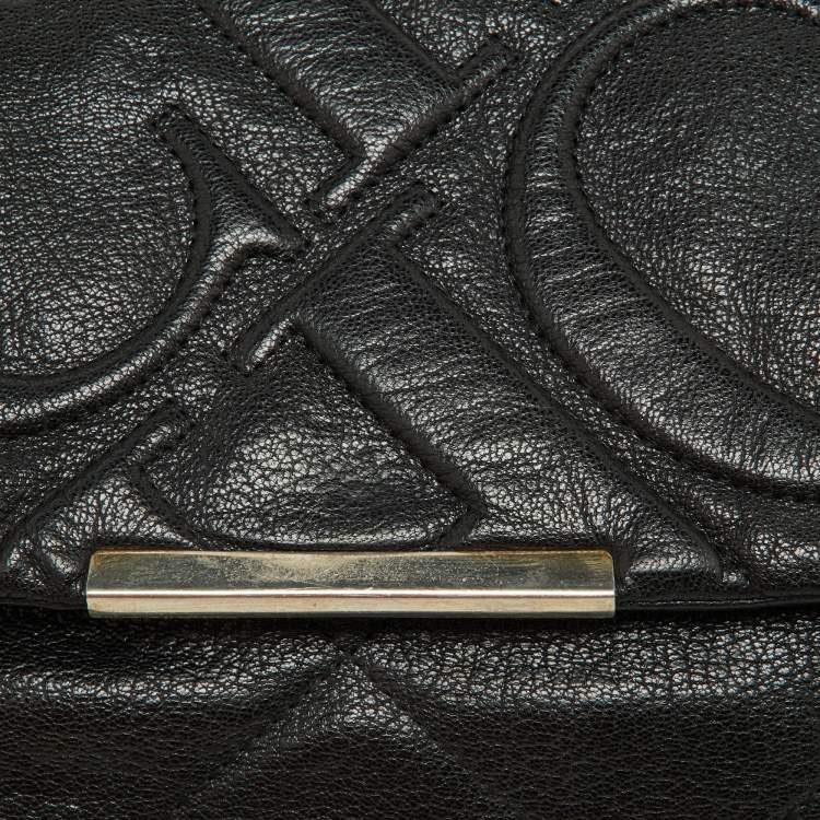 Pre Owned Carolina Herrera Black CH Embossed Leather Flap Chain Bag