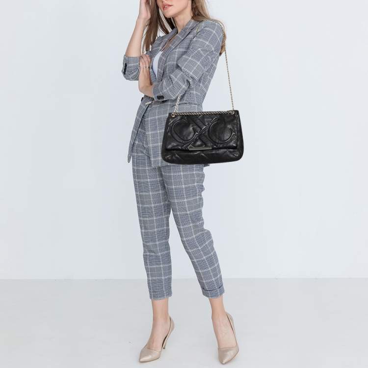 Pre Owned Carolina Herrera Black CH Embossed Leather Flap Chain Bag