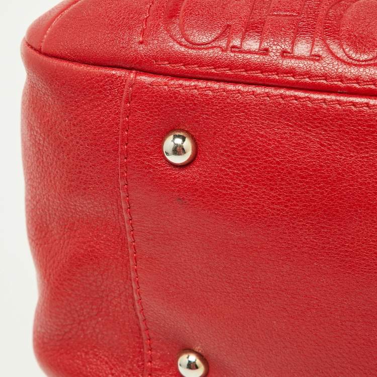 Pre Owned Carolina Herrera Red Monogram Embossed Leather Chain Bow Hobo