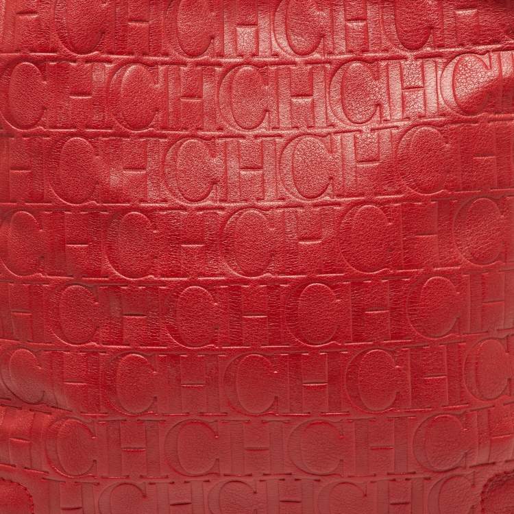 Pre Owned Carolina Herrera Red Monogram Embossed Leather Chain Bow Hobo