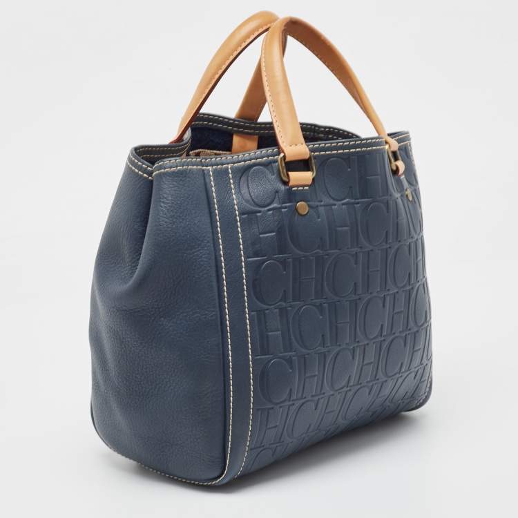مملوكة مسبقًا Carolina Herrera Navy Blue/Beige Monogram Embossed Leather Andy Tote