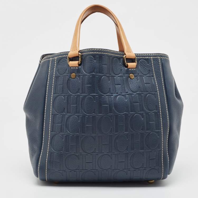 مملوكة مسبقًا Carolina Herrera Navy Blue/Beige Monogram Embossed Leather Andy Tote