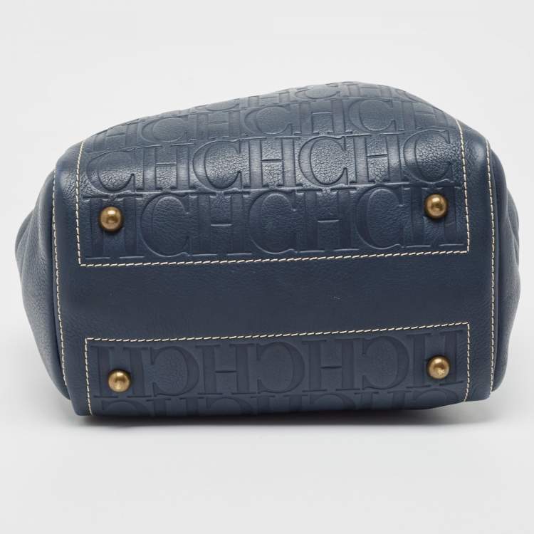 مملوكة مسبقًا Carolina Herrera Navy Blue/Beige Monogram Embossed Leather Andy Tote