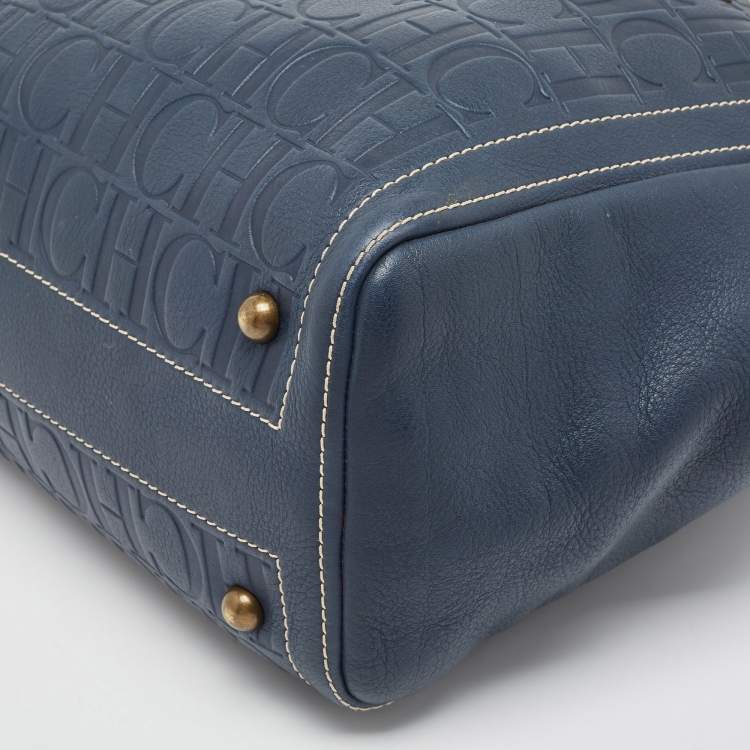 مملوكة مسبقًا Carolina Herrera Navy Blue/Beige Monogram Embossed Leather Andy Tote