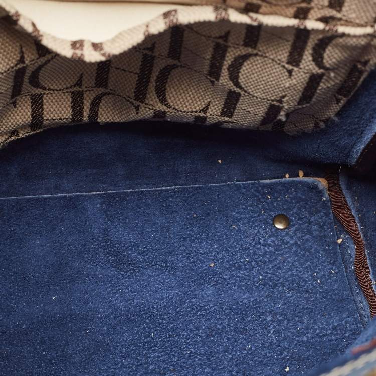 مملوكة مسبقًا Carolina Herrera Navy Blue/Beige Monogram Embossed Leather Andy Tote