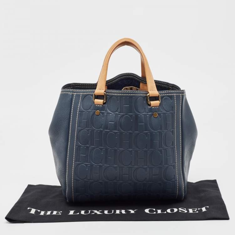 مملوكة مسبقًا Carolina Herrera Navy Blue/Beige Monogram Embossed Leather Andy Tote