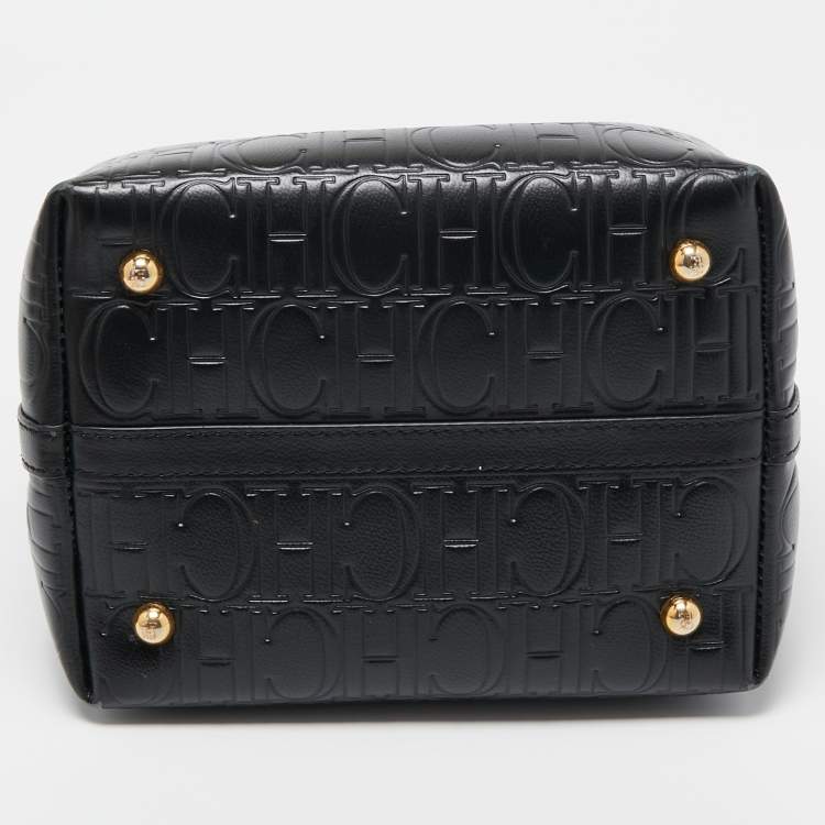 Pre Owned Carolina Herrera Black Monogram Embossed Leather Small Matryoshka Locked Tote