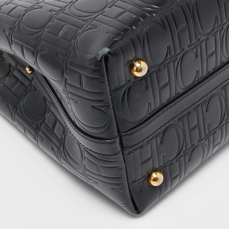 Pre Owned Carolina Herrera Black Monogram Embossed Leather Small Matryoshka Locked Tote