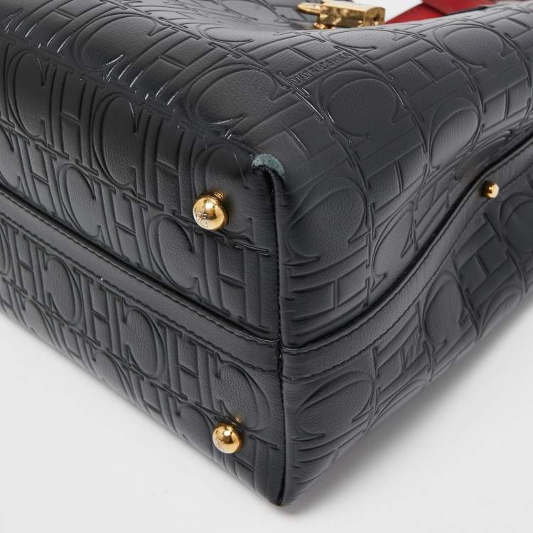 Pre Owned Carolina Herrera Black Monogram Embossed Leather Small Matryoshka Locked Tote