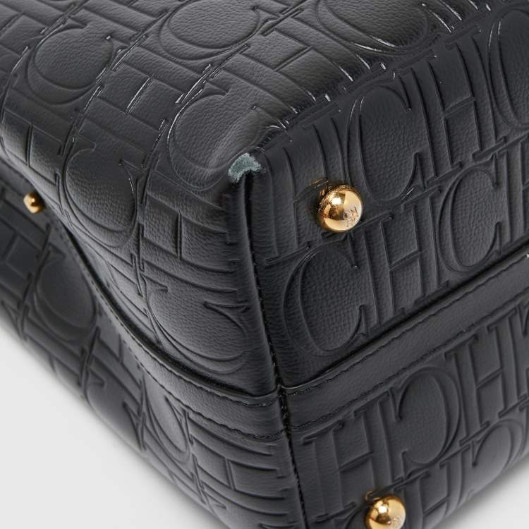 Pre Owned Carolina Herrera Black Monogram Embossed Leather Small Matryoshka Locked Tote