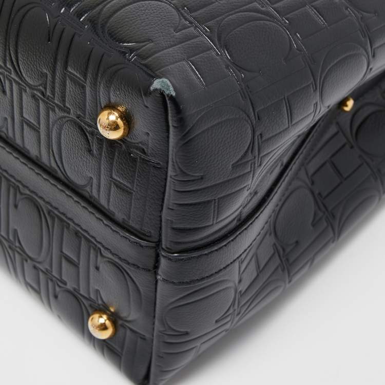Pre Owned Carolina Herrera Black Monogram Embossed Leather Small Matryoshka Locked Tote