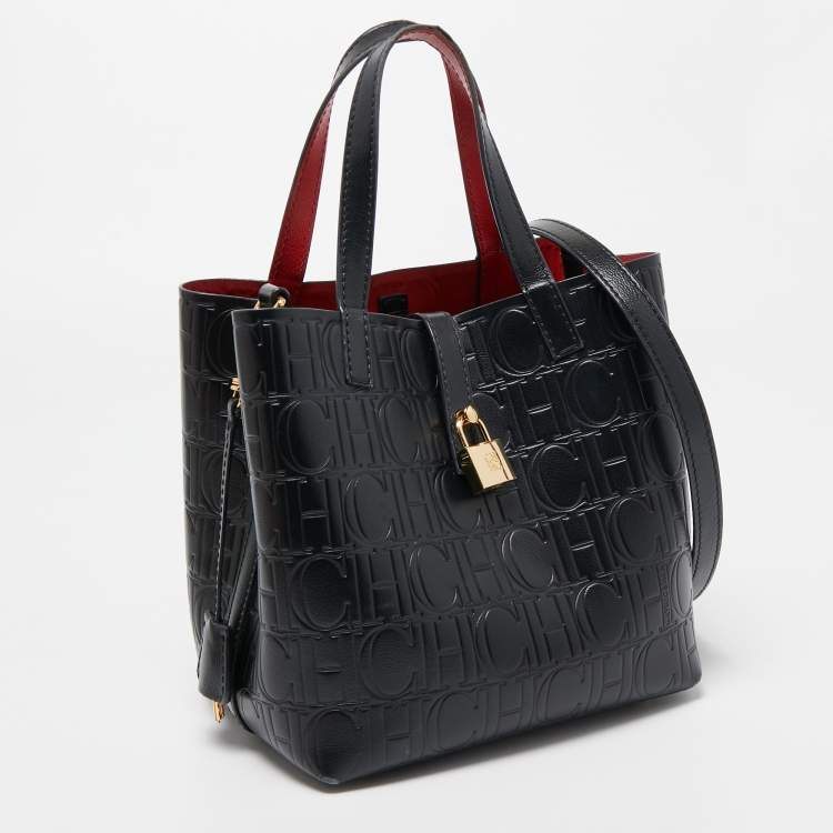 Pre Owned Carolina Herrera Black Monogram Embossed Leather Small Matryoshka Locked Tote
