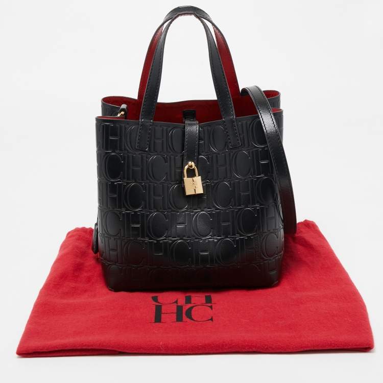 Pre Owned Carolina Herrera Black Monogram Embossed Leather Small Matryoshka Locked Tote