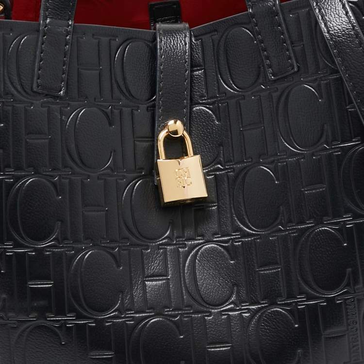 Pre Owned Carolina Herrera Black Monogram Embossed Leather Small Matryoshka Locked Tote