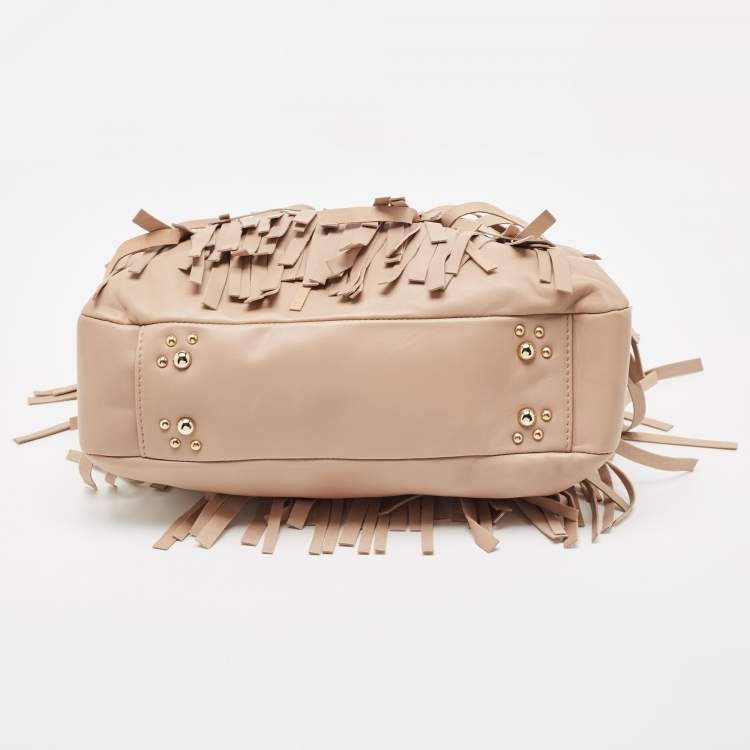 Pre Owned Carolina Herrera Beige Leather Gaspar Fringe Hobo