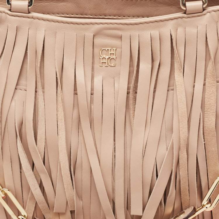 Pre Owned Carolina Herrera Beige Leather Gaspar Fringe Hobo