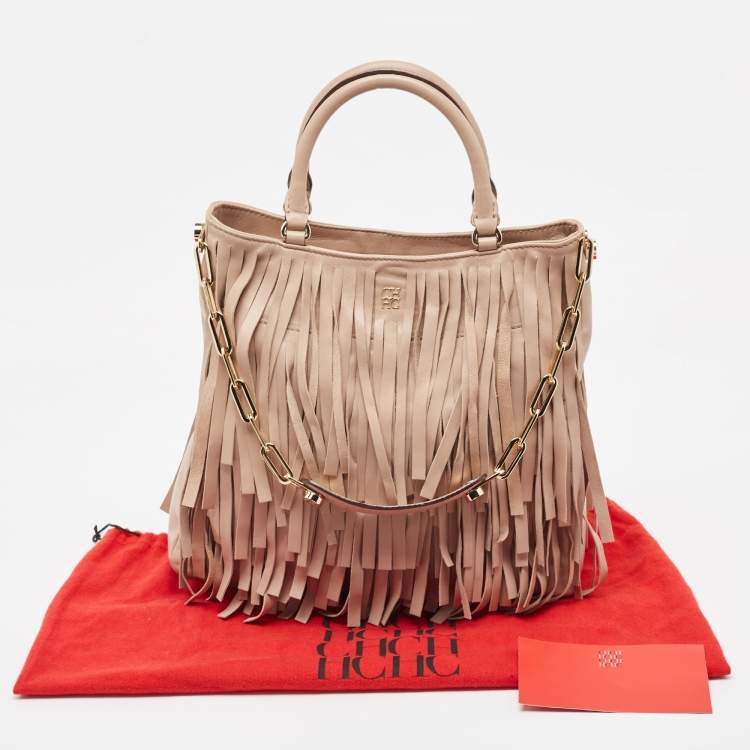 Pre Owned Carolina Herrera Beige Leather Gaspar Fringe Hobo