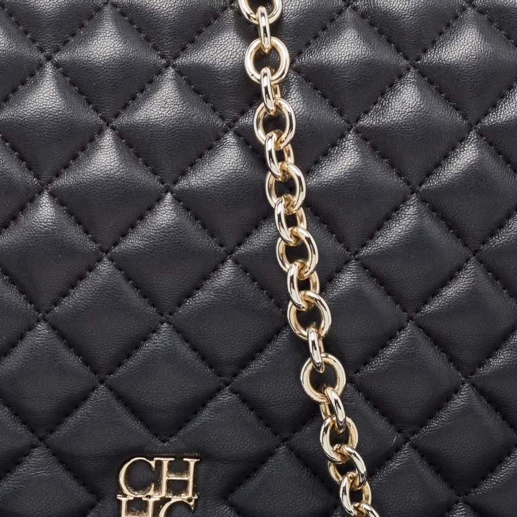 Pre Owned Carolina Herrera Black Quilted Leather Flap Chain Shoulder Bag