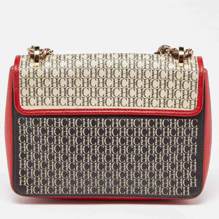 Pre Owned Carolina Herrera Red/White Monogram Coated Canvas and Leather Bow Flap Shoulder Bag