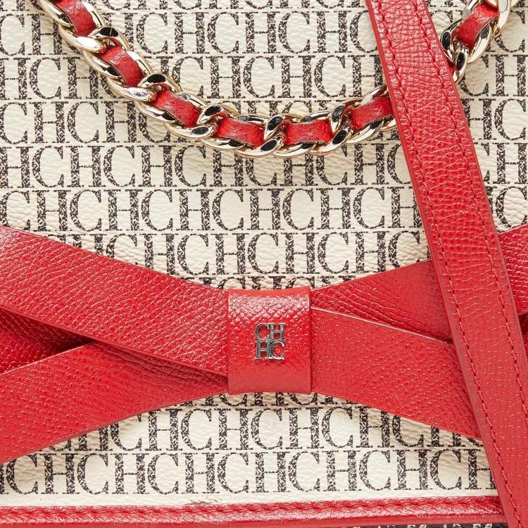 Pre Owned Carolina Herrera Red/White Monogram Coated Canvas and Leather Bow Flap Shoulder Bag