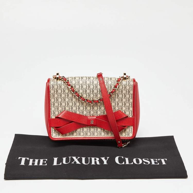 Pre Owned Carolina Herrera Red/White Monogram Coated Canvas and Leather Bow Flap Shoulder Bag