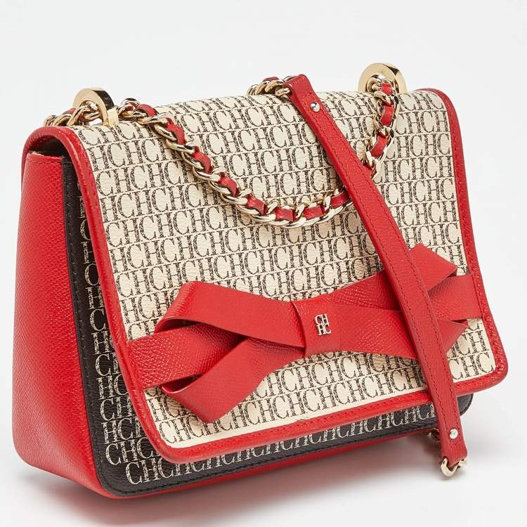 Pre Owned Carolina Herrera Red/White Monogram Coated Canvas and Leather Bow Flap Shoulder Bag