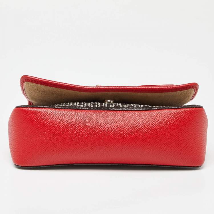 Pre Owned Carolina Herrera Red/White Monogram Coated Canvas and Leather Bow Flap Shoulder Bag