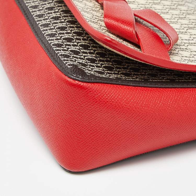 Pre Owned Carolina Herrera Red/White Monogram Coated Canvas and Leather Bow Flap Shoulder Bag