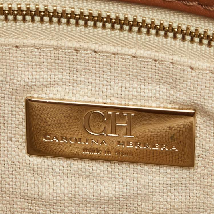 Pre Owned Carolina Herrera Brown/Off White Leather Zip Satchel