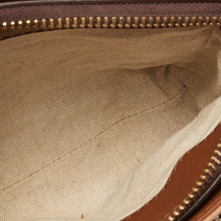 Pre Owned Carolina Herrera Brown/Off White Leather Zip Satchel