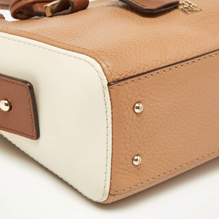 Pre Owned Carolina Herrera Brown/Off White Leather Zip Satchel