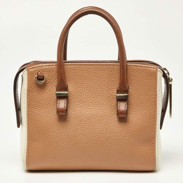 Pre Owned Carolina Herrera Brown/Off White Leather Zip Satchel